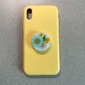 iPhone XR yellow case with floral PopSocket